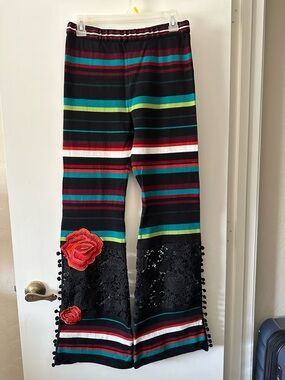 Rodeo Quincy Striped Black Boot Cut Pants with Floral Appliqué